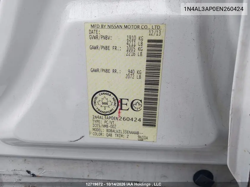 2014 NISSAN ALTIMA VIN 1N4AL3AP0EN260424 — фото 9