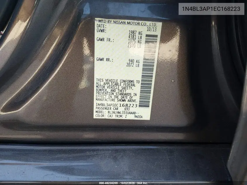 2014 NISSAN ALTIMA VIN 1N4BL3AP1EC168223 — фото 9