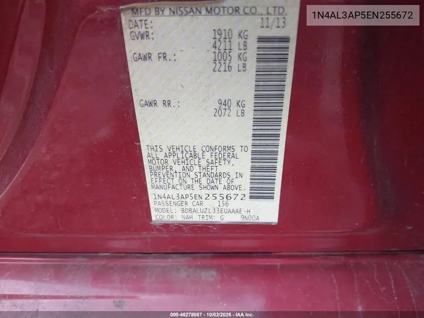 2014 NISSAN ALTIMA VIN 1N4AL3AP5EN255672 — фото 9