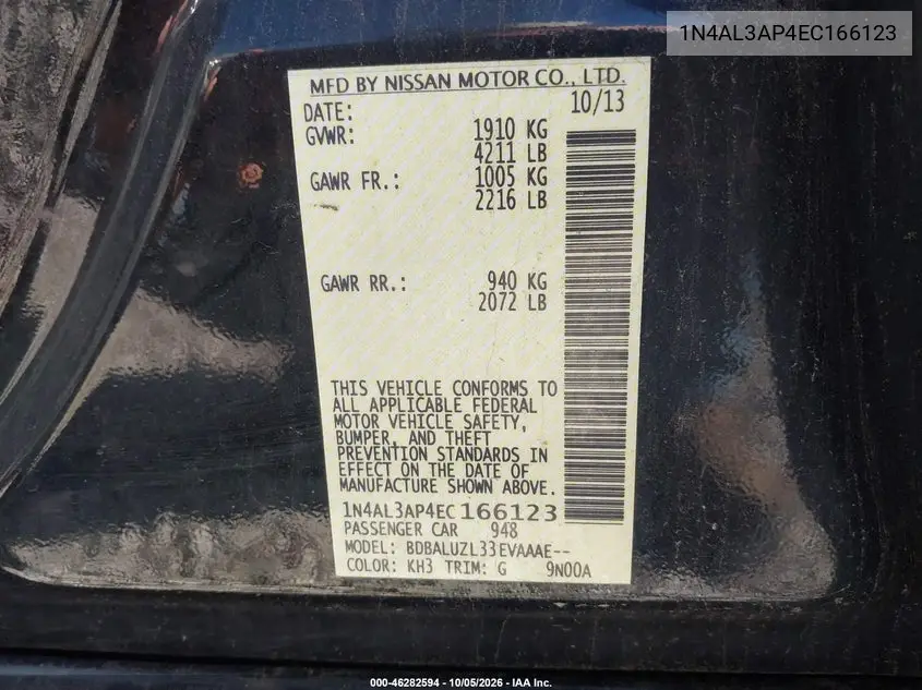 2014 NISSAN ALTIMA VIN 1N4AL3AP4EC166123 — фото 9
