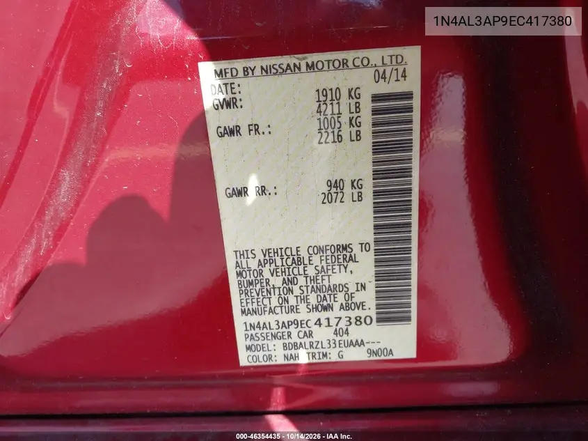2014 NISSAN ALTIMA VIN 1N4AL3AP9EC417380 — фото 9