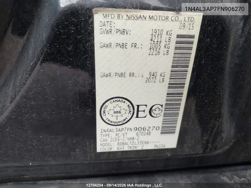 2015 NISSAN ALTIMA VIN 1N4AL3AP7FN906270 — фото 20