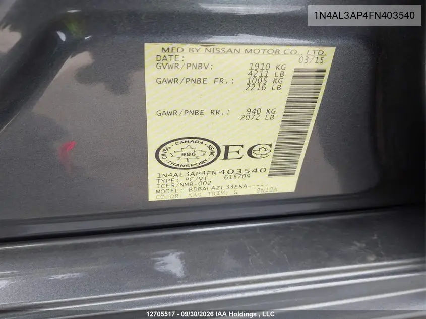 2015 NISSAN ALTIMA VIN 1N4AL3AP4FN403540 — фото 20