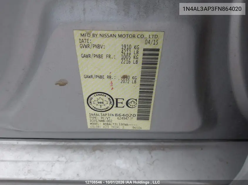 2015 NISSAN ALTIMA VIN 1N4AL3AP3FN864020 — фото 9