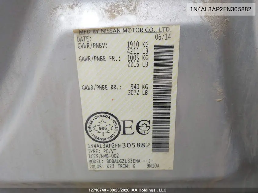 2015 NISSAN ALTIMA VIN 1N4AL3AP2FN305882 — фото 9