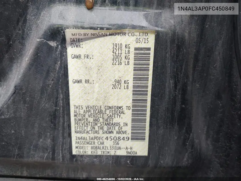 2015 NISSAN ALTIMA VIN 1N4AL3AP0FC450849 — фото 9