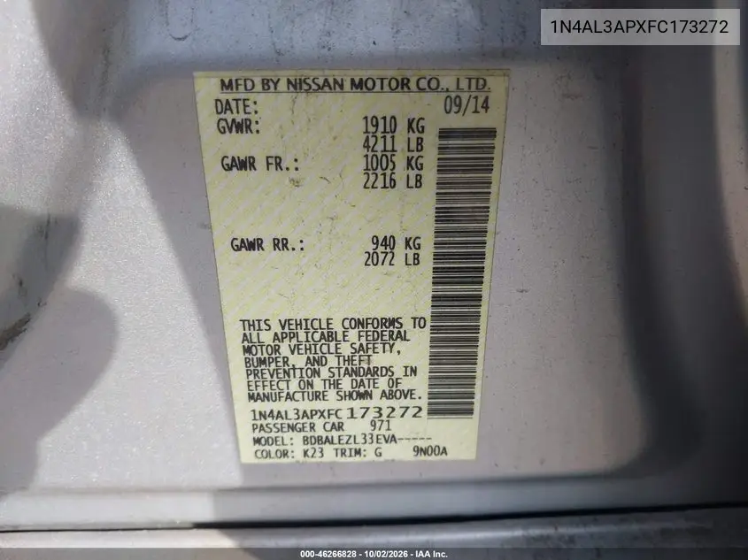 2015 NISSAN ALTIMA VIN 1N4AL3APXFC173272 — фото 9