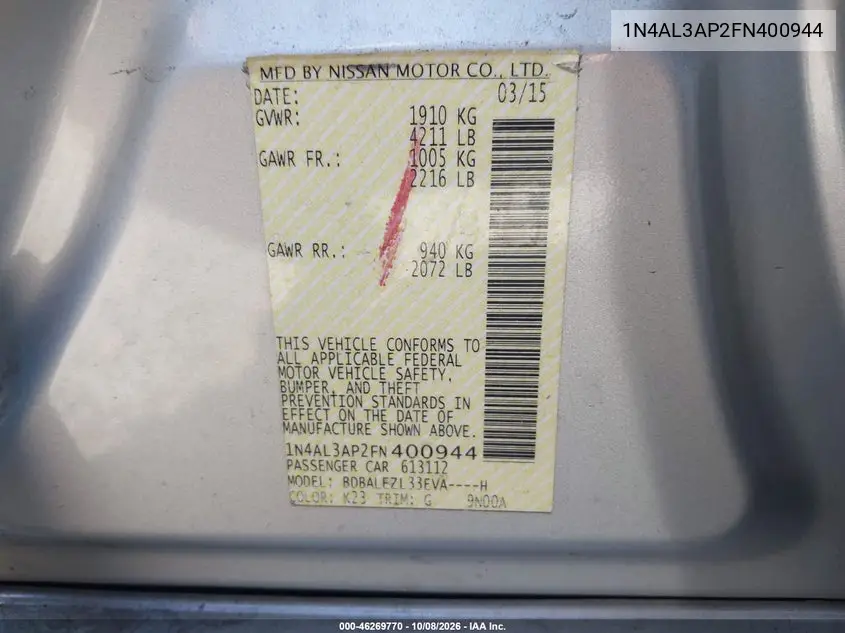 2015 NISSAN ALTIMA VIN 1N4AL3AP2FN400944 — фото 9
