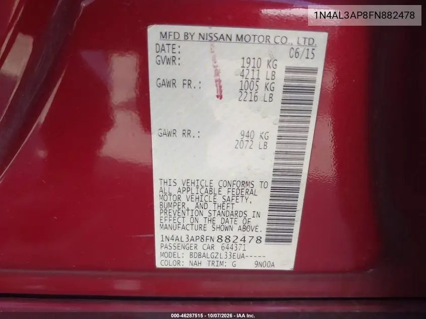 2015 NISSAN ALTIMA VIN 1N4AL3AP8FN882478 — фото 9