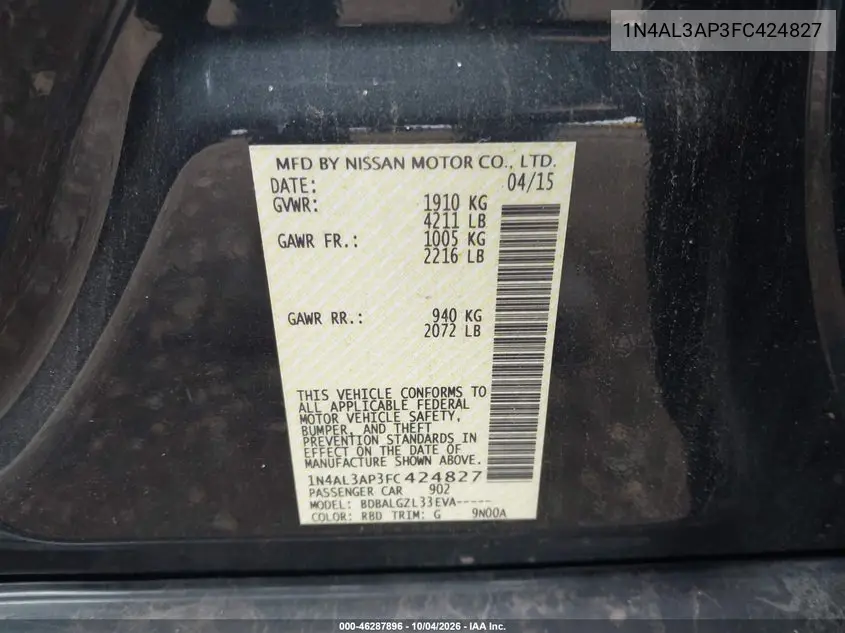 2015 NISSAN ALTIMA VIN 1N4AL3AP3FC424827 — фото 9
