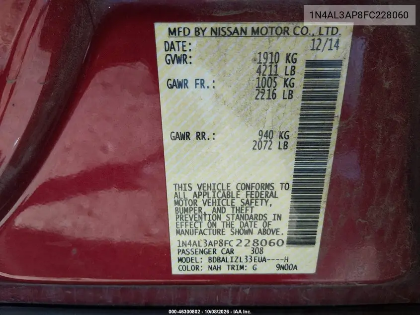 2015 NISSAN ALTIMA VIN 1N4AL3AP8FC228060 — фото 9