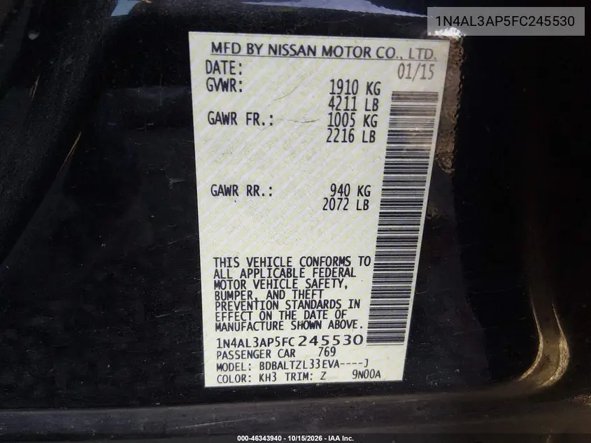 2015 NISSAN ALTIMA VIN 1N4AL3AP5FC245530 — фото 9