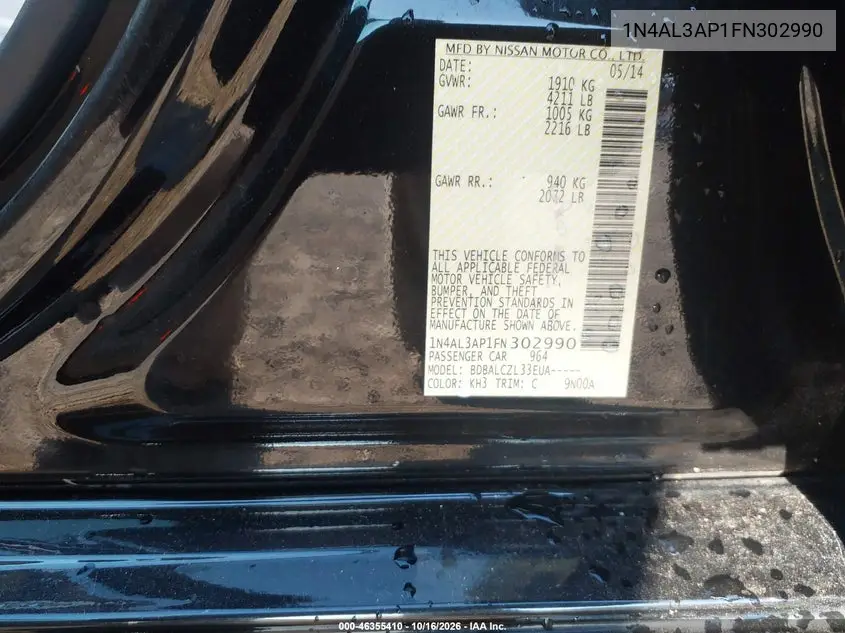 2015 NISSAN ALTIMA VIN 1N4AL3AP1FN302990 — фото 9