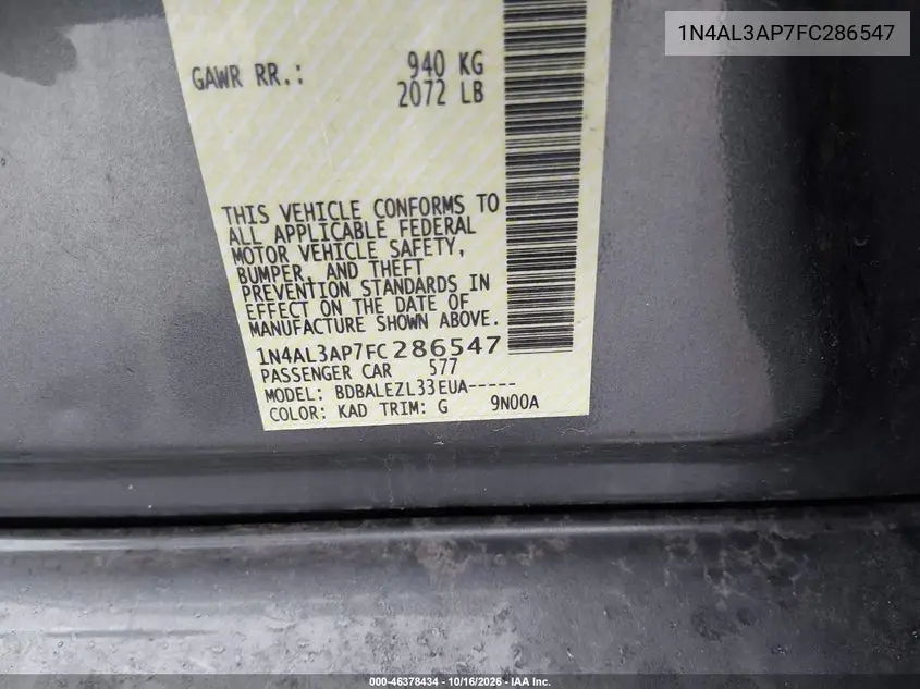 2015 NISSAN ALTIMA VIN 1N4AL3AP7FC286547 — фото 9