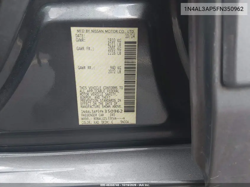 2015 NISSAN ALTIMA VIN 1N4AL3AP5FN350962 — фото 9