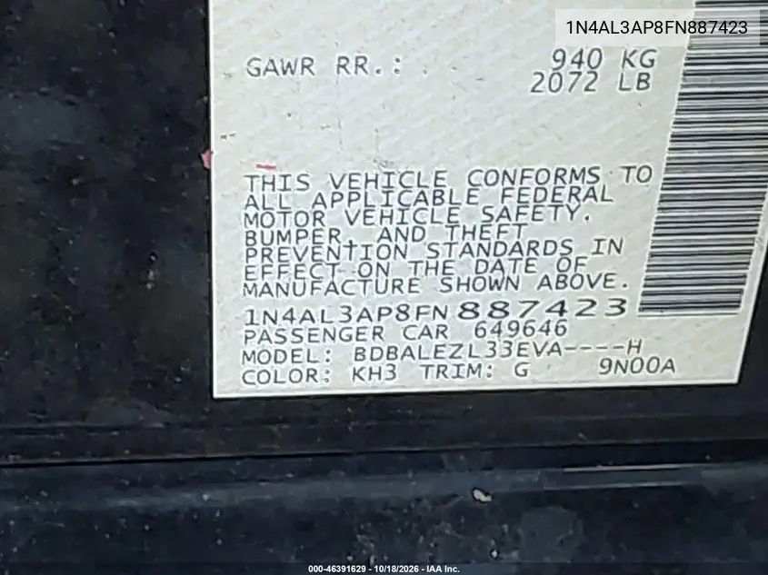 2015 NISSAN ALTIMA VIN 1N4AL3AP8FN887423 — фото 9