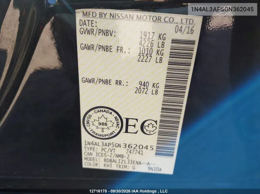 2016 NISSAN ALTIMA VIN 1N4AL3AP5GN362045 — фото 18