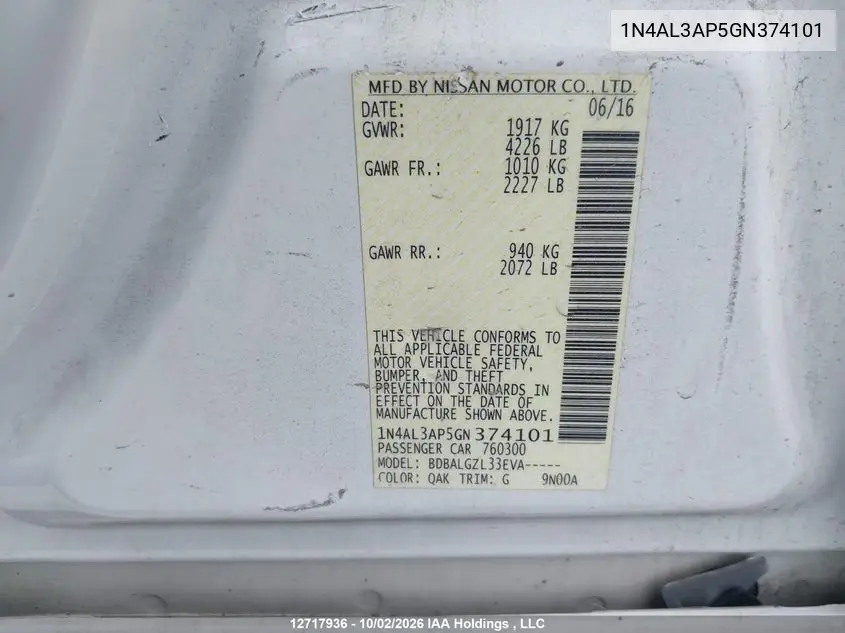 2016 NISSAN ALTIMA VIN 1N4AL3AP5GN374101 — фото 9