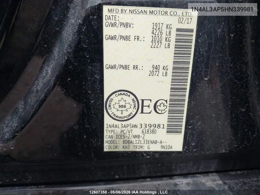 2017 NISSAN ALTIMA VIN 1N4AL3AP5HN339981 — фото 20