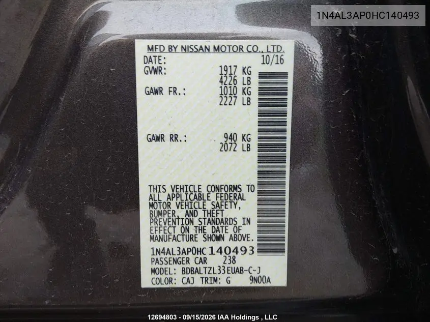 2017 NISSAN ALTIMA VIN 1N4AL3AP0HC140493 — фото 19