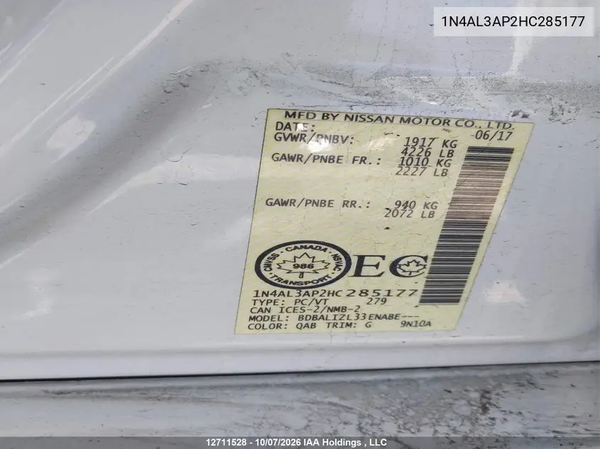 2017 NISSAN ALTIMA VIN 1N4AL3AP2HC285177 — фото 9