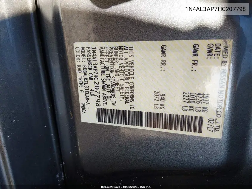 2017 NISSAN ALTIMA VIN 1N4AL3AP7HC207798 — фото 9