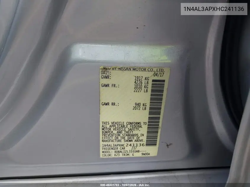 2017 NISSAN ALTIMA VIN 1N4AL3APXHC241136 — фото 9