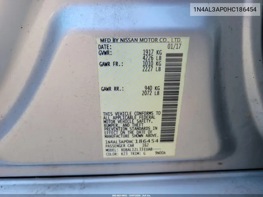 2017 NISSAN ALTIMA VIN 1N4AL3AP0HC186454 — фото 9