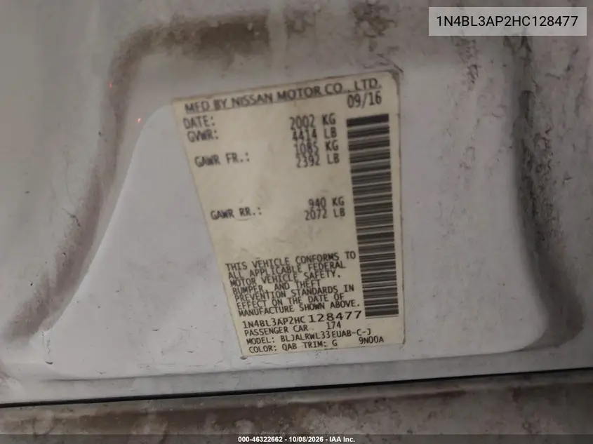 2017 NISSAN ALTIMA VIN 1N4BL3AP2HC128477 — фото 9