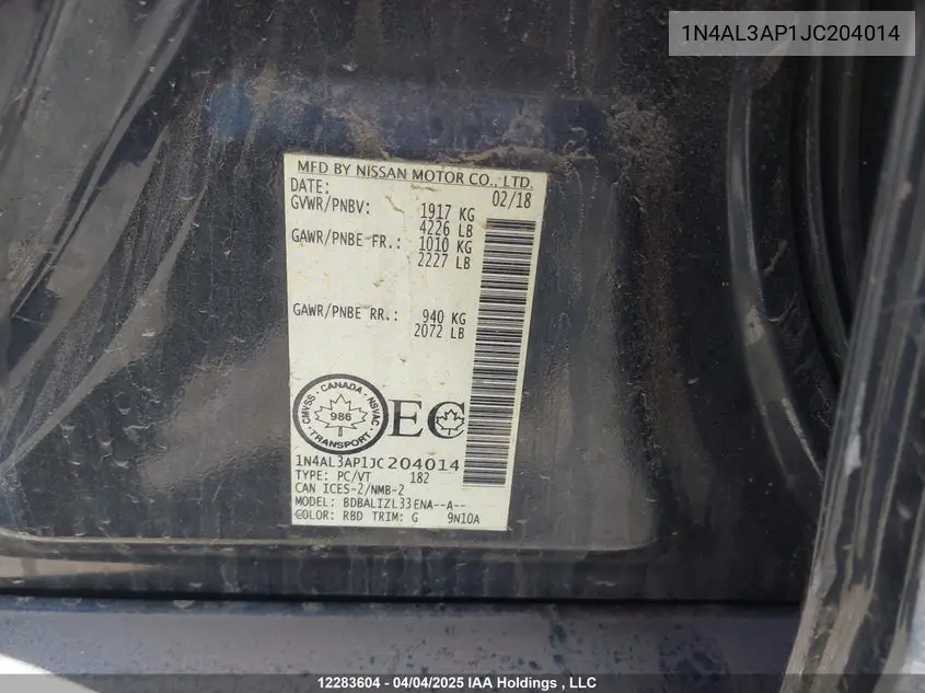 2018 NISSAN ALTIMA VIN 1N4AL3AP1JC204014 — фото 19