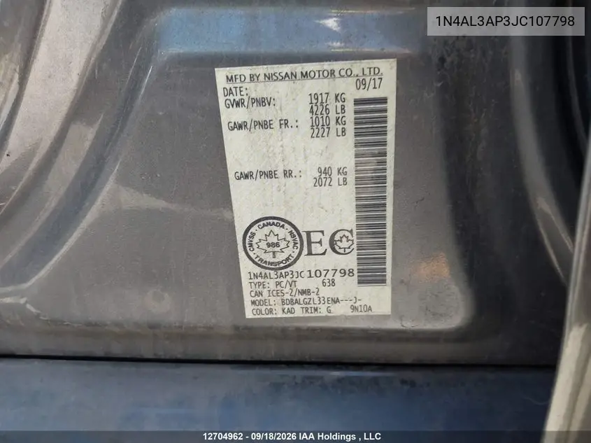 2018 NISSAN ALTIMA VIN 1N4AL3AP3JC107798 — фото 18