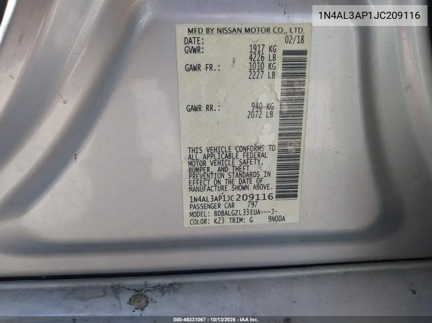 2018 NISSAN ALTIMA VIN 1N4AL3AP1JC209116 — фото 9