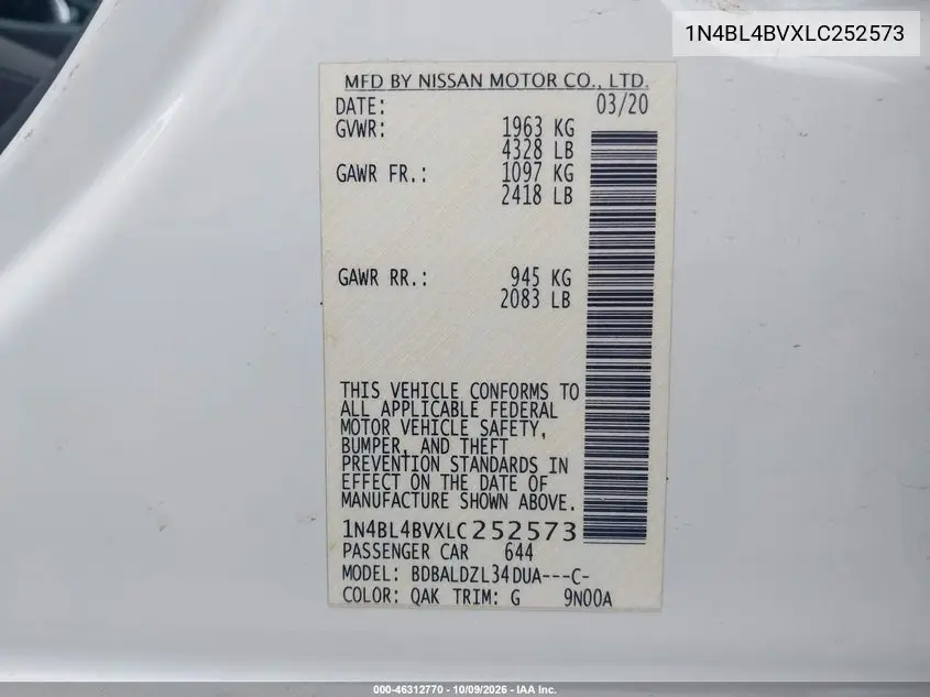 2020 NISSAN ALTIMA VIN 1N4BL4BVXLC252573 — фото 9