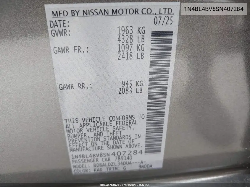 2025 NISSAN ALTIMA VIN 1N4BL4BV8SN407284 — фото 9
