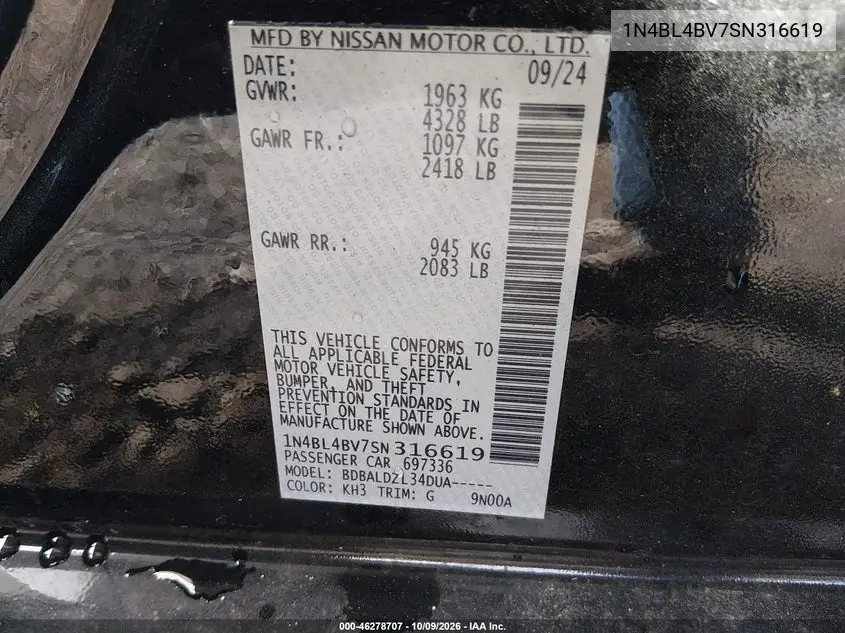 2025 NISSAN ALTIMA VIN 1N4BL4BV7SN316619 — фото 9