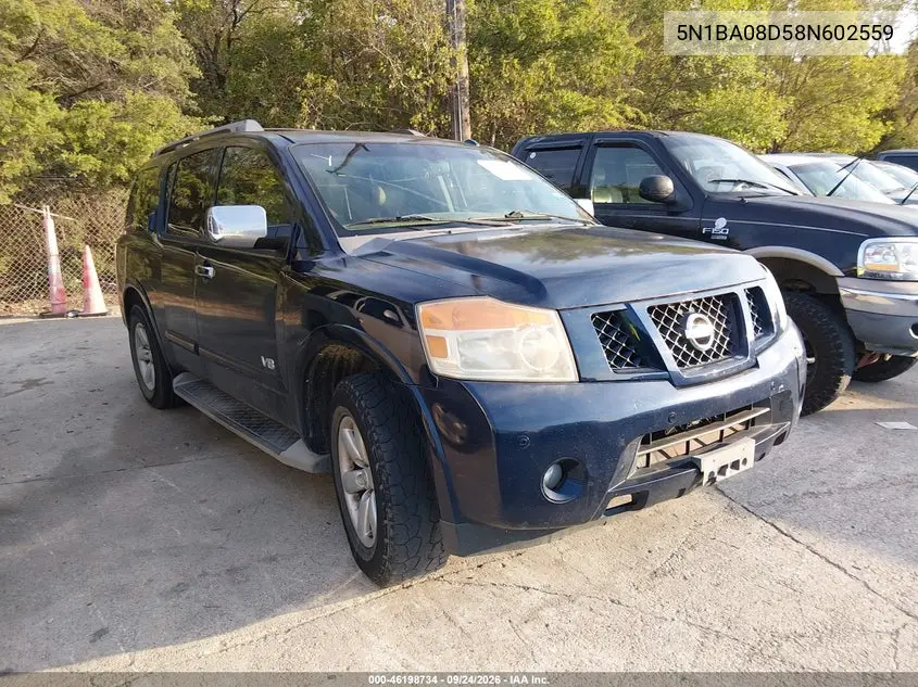 NISSAN ARMADA 2008, VIN 5N1BA08D58N602559