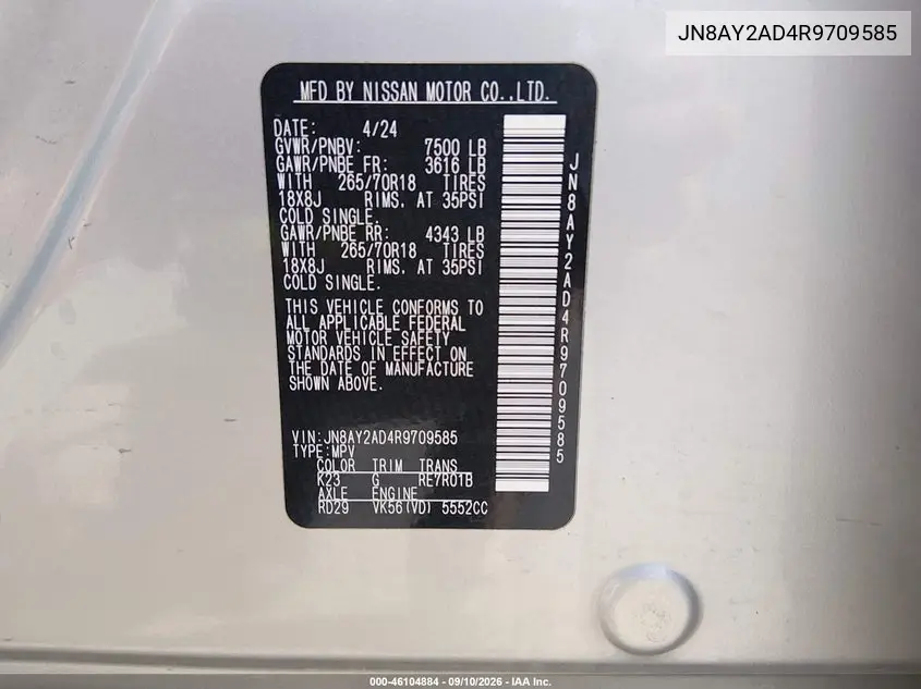 2024 NISSAN ARMADA VIN JN8AY2AD4R9709585 — фото 9