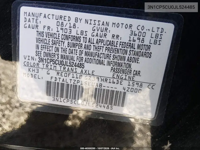 2018 NISSAN KICKS VIN 3N1CP5CU0JL524485 — фото 9