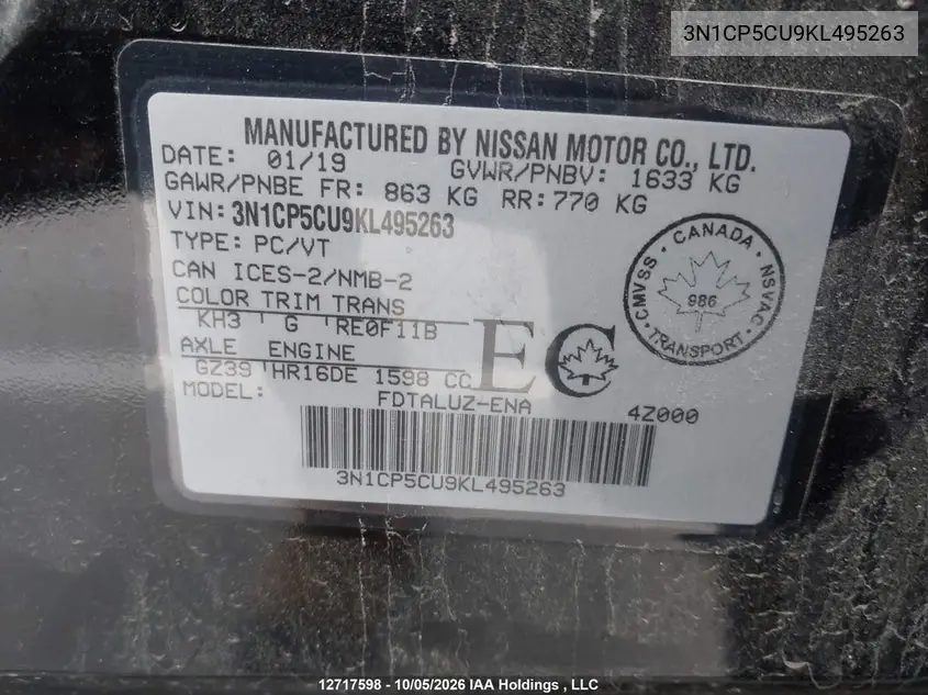 2019 NISSAN KICKS VIN 3N1CP5CU9KL495263 — фото 9
