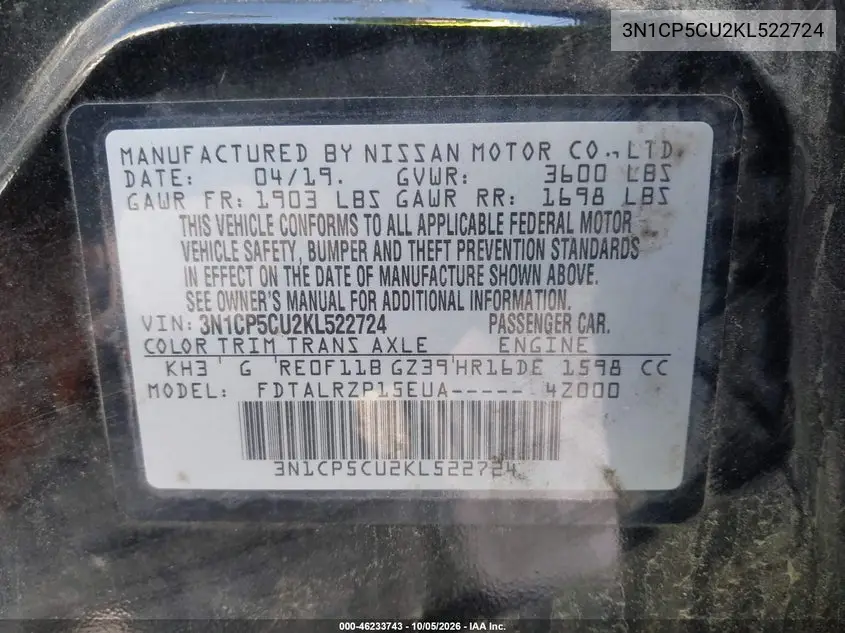 2019 NISSAN KICKS VIN 3N1CP5CU2KL522724 — фото 9