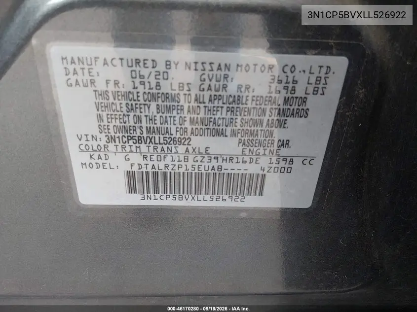 2020 NISSAN KICKS VIN 3N1CP5BVXLL526922 — фото 9