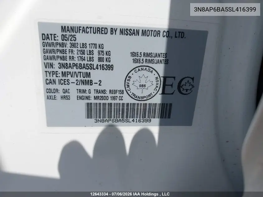 2025 NISSAN KICKS VIN 3N8AP6BA5SL416399 — фото 9