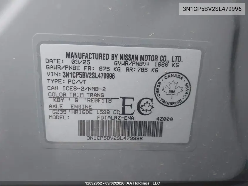 2025 NISSAN KICKS VIN 3N1CP5BV2SL479996 — фото 9