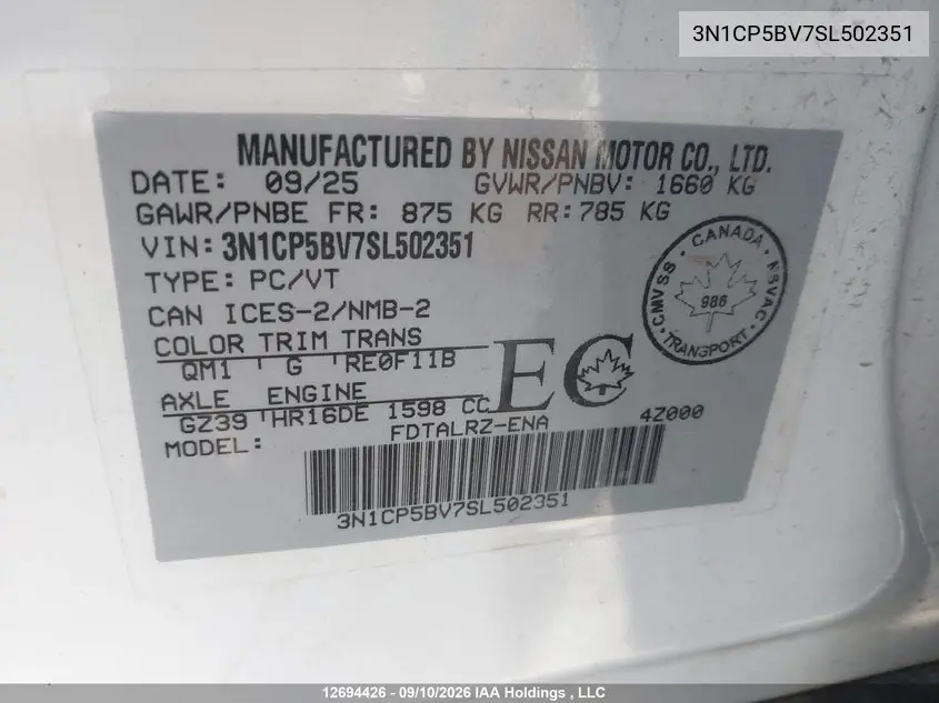 2025 NISSAN KICKS VIN 3N1CP5BV7SL502351 — фото 9