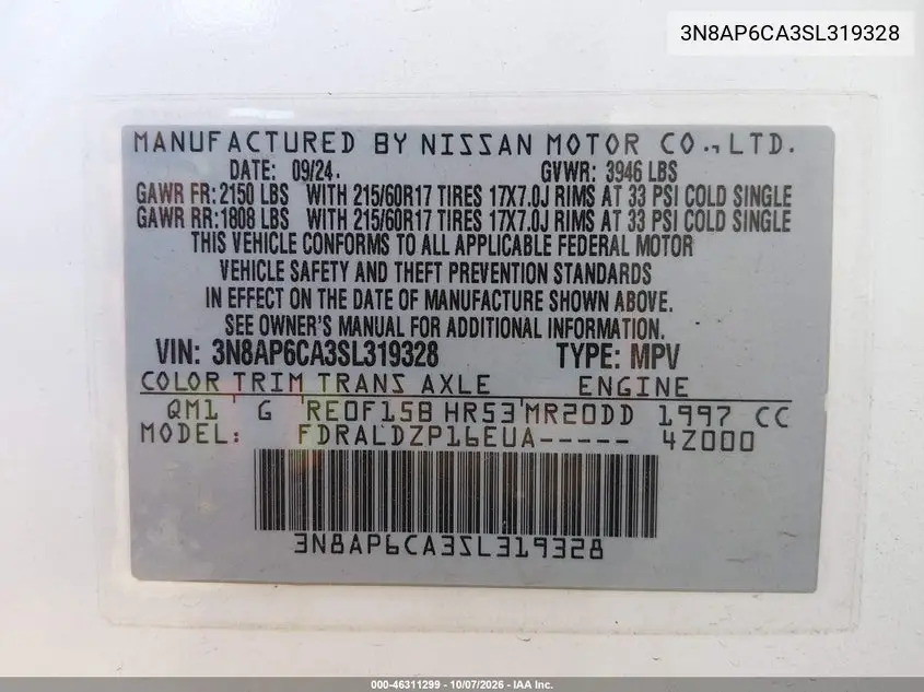 2025 NISSAN KICKS VIN 3N8AP6CA3SL319328 — фото 9