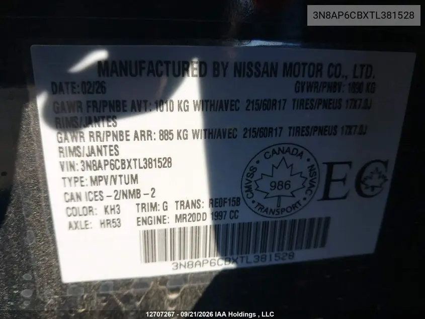 2026 NISSAN KICKS VIN 3N8AP6CBXTL381528 — фото 18