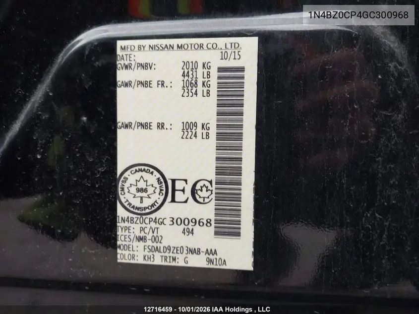 2016 NISSAN LEAF VIN 1N4BZ0CP4GC300968 — фото 18