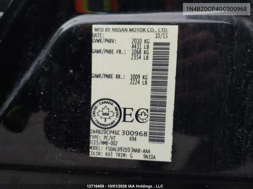2016 NISSAN LEAF VIN 1N4BZ0CP4GC300968 — фото 9