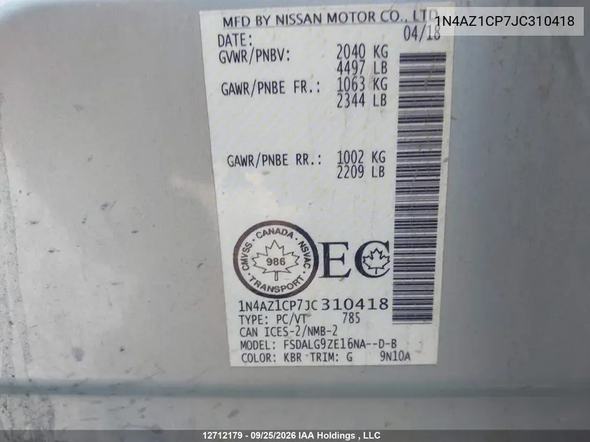 2018 NISSAN LEAF VIN 1N4AZ1CP7JC310418 — фото 19
