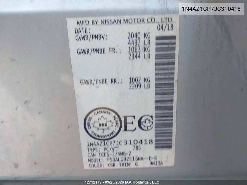 2018 NISSAN LEAF VIN 1N4AZ1CP7JC310418 — фото 9